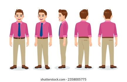 Working magenta shirt man character turn around with standing poses