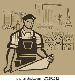 Working man builds reality and makes dreams come true retro vector illustration