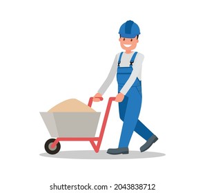 A working man carries sand in a wheelbarrow. Vector illustration in a flat style.