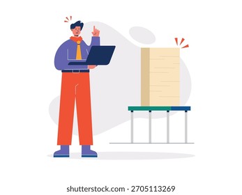 Um trabalhador carregando um laptop, uma mesa cheia de papéis, trabalhando até tarde. Design de caracteres. Ilustração em plano vetorial