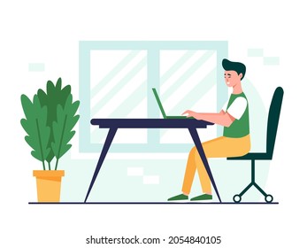 Diseño de concepto de hombre de trabajo. Hombre sentado en el escritorio y trabajando en el ordenador portátil. Ilustración vectorial plana