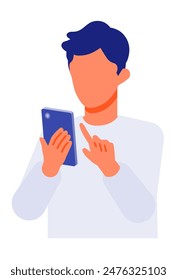 Working man. Concept for Problem Solving. Man cartoon character. People face profiles avatars and icons. Close up image of smartphone man. Vector flat illustration.