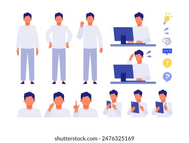 Working man. Concept for Problem Solving. Man cartoon character head collection set. People face profiles avatars and icons. Close up image of Problem Solving man. Vector flat illustration.