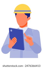 Working man. Concept for Problem Solving. Man cartoon character. People face profiles avatars and icons. Close up image of tablet man. Vector flat illustration.