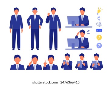 Working man. Concept for Problem Solving. Man cartoon character head collection set. People face profiles avatars and icons. Close up image of Problem Solving man. Vector flat illustration.