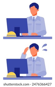 Working man. Concept for Problem Solving. Man cartoon character. People face profiles avatars and icons. Close up image of PC man. Vector flat illustration.