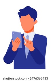 Working man. Concept for Problem Solving. Man cartoon character. People face profiles avatars and icons. Close up image of smartphone man. Vector flat illustration.