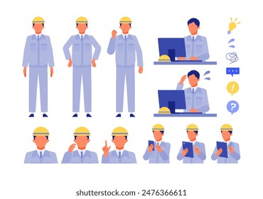 Trabajador. Concepto para la resolución de problemas. Conjunto de colección de la cabeza del personaje de dibujos animados. Personas cara perfiles avatares e iconos. Primer plano de la Imagen del hombre de resolución de problemas. Ilustración plana de Vector.