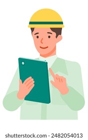 Working man. Concept for Problem Solving. Man cartoon character. People face profiles avatars and icons. Close up image of tablet man. Vector flat illustration.