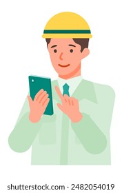 Working man. Concept for Problem Solving. Man cartoon character. People face profiles avatars and icons. Close up image of smartphone man. Vector flat illustration.