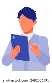 Working man. Concept for Problem Solving. Man cartoon character. People face profiles avatars and icons. Close up image of tablet man. Vector flat illustration.