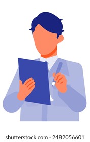 Working man. Concept for Problem Solving. Man cartoon character. People face profiles avatars and icons. Close up image of man writing. Vector flat illustration.