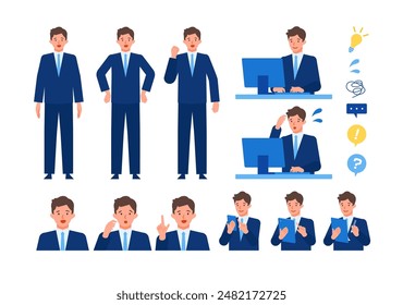 Working man. Concept for Problem Solving. Man cartoon character head collection set. People face profiles avatars and icons. Close up image of Problem Solving man. Vector flat illustration.