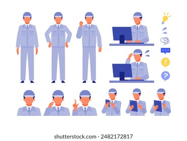 Working man. Concept for Problem Solving. Man cartoon character head collection set. People face profiles avatars and icons. Close up image of Problem Solving man. Vector flat illustration.