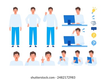 Working man. Concept for Problem Solving. Man cartoon character head collection set. People face profiles avatars and icons. Close up image of Problem Solving man. Vector flat illustration.