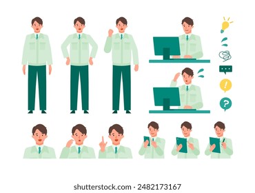 Working man. Concept for Problem Solving. Man cartoon character head collection set. People face profiles avatars and icons. Close up image of Problem Solving man. Vector flat illustration.