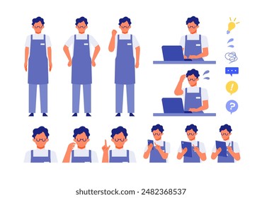 Working man. Concept for Problem Solving. Man cartoon character head collection set. People face profiles avatars and icons. Close up image of Problem Solving man. Vector flat illustration.