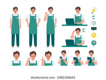 Working man. Concept for Problem Solving. Man cartoon character head collection set. People face profiles avatars and icons. Close up image of Problem Solving man. Vector flat illustration.