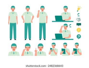 Working man. Concept for Problem Solving. Man cartoon character head collection set. People face profiles avatars and icons. Close up image of Problem Solving man. Vector flat illustration.