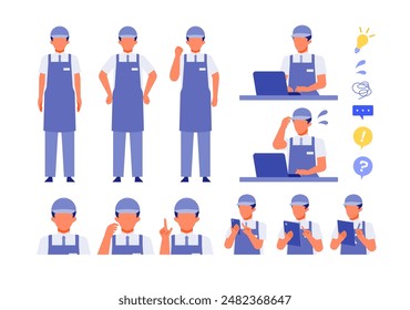 Working man. Concept for Problem Solving. Man cartoon character head collection set. People face profiles avatars and icons. Close up image of Problem Solving man. Vector flat illustration.