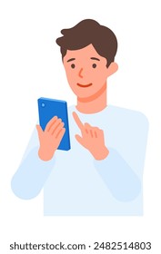 Working man. Concept for Problem Solving. Man cartoon character. People face profiles avatars and icons. Close up image of smartphone man. Vector flat illustration.