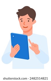 Working man. Concept for Problem Solving. Man cartoon character. People face profiles avatars and icons. Close up image of tablet man. Vector flat illustration.