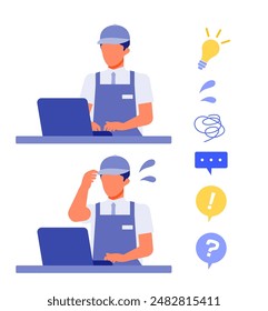 Working man. Concept for Problem Solving. Man cartoon character. People face profiles avatars and icons. Close up image of PC man. Vector flat illustration.