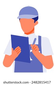 Working man. Concept for Problem Solving. Man cartoon character. People face profiles avatars and icons. Close up image of man writing. Vector flat illustration.