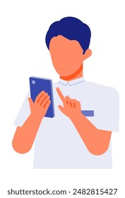 Working man. Concept for Problem Solving. Man cartoon character. People face profiles avatars and icons. Close up image of smartphone man. Vector flat illustration.