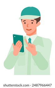 Working man. Concept for Problem Solving. Man cartoon character. People face profiles avatars and icons. Close up image of smartphone man. Vector flat illustration.