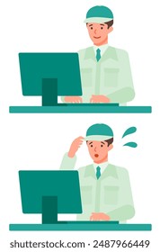 Working man. Concept for Problem Solving. Man cartoon character. People face profiles avatars and icons. Close up image of PC man. Vector flat illustration.