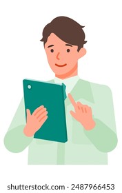 Working man. Concept for Problem Solving. Man cartoon character. People face profiles avatars and icons. Close up image of tablet man. Vector flat illustration.