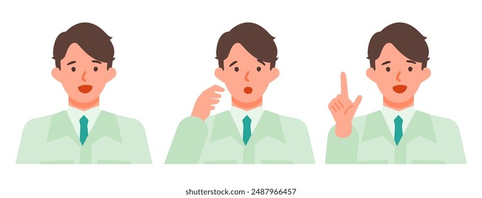 Working man. Concept for Problem Solving. Man cartoon character. People face profiles avatars and icons. Close up image of Problem Solving man. Vector flat illustration.
