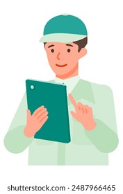 Working man. Concept for Problem Solving. Man cartoon character. People face profiles avatars and icons. Close up image of tablet man. Vector flat illustration.