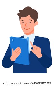 Trabajador. Concepto para la resolución de problemas. Personaje de dibujos animados. Personas cara perfiles avatares e iconos. Primer plano de la Imagen del hombre tableta. Ilustración plana de Vector.