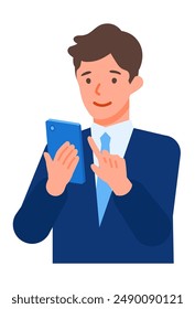 Working man. Concept for Problem Solving. Man cartoon character. People face profiles avatars and icons. Close up image of smartphone man. Vector flat illustration.