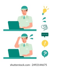 Working man. Concept for Problem Solving. Man cartoon character. People face profiles avatars and icons. Close up image of PC man. Vector flat illustration.