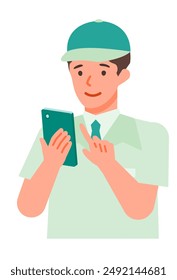 Working man. Concept for Problem Solving. Man cartoon character. People face profiles avatars and icons. Close up image of smartphone man. Vector flat illustration.