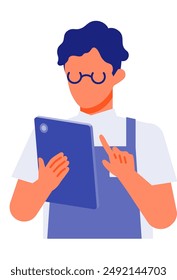 Working man. Concept for Problem Solving. Man cartoon character. People face profiles avatars and icons. Close up image of tablet man. Vector flat illustration.