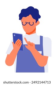 Working man. Concept for Problem Solving. Man cartoon character. People face profiles avatars and icons. Close up image of smartphone man. Vector flat illustration.