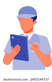 Working man. Concept for Problem Solving. Man cartoon character. People face profiles avatars and icons. Close up image of tablet man. Vector flat illustration.