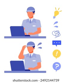 Working man. Concept for Problem Solving. Man cartoon character. People face profiles avatars and icons. Close up image of PC man. Vector flat illustration.