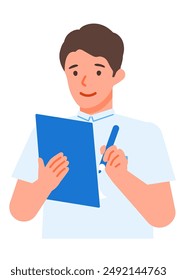 Working man. Concept for Problem Solving. Man cartoon character. People face profiles avatars and icons. Close up image of man writing. Vector flat illustration.