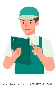 Working man. Concept for Problem Solving. Man cartoon character. People face profiles avatars and icons. Close up image of tablet man. Vector flat illustration.