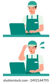 Working man. Concept for Problem Solving. Man cartoon character. People face profiles avatars and icons. Close up image of PC man. Vector flat illustration.