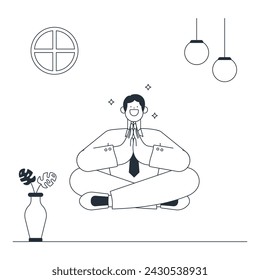 Working Man Doing Meditation Outline Illustration