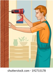 Working man with drill at home, eps10