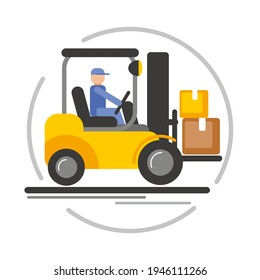Un hombre trabajador en un elevador de horquilla está cargando cajas. Trabajar en un almacén, entrega, transporte de carga. Ilustraciones lisas y divertidas aisladas en fondo blanco.