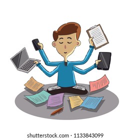 working man with gadget and notes transform to gadget business yoga illustration vector