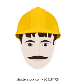 Working Man in a Hard Hat, Man's Face with a Mustache in Yellow Safety Helmet on White Background , Vector Illustration 